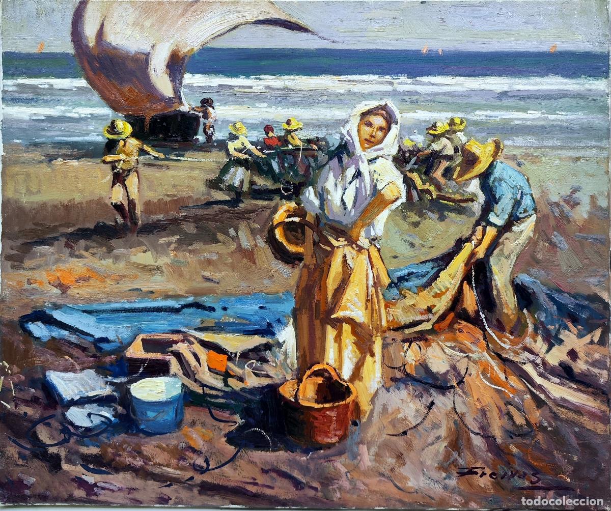 Arte: &Oacute;leo de Freixas. Pescadoras en la playa. 55x46 cm