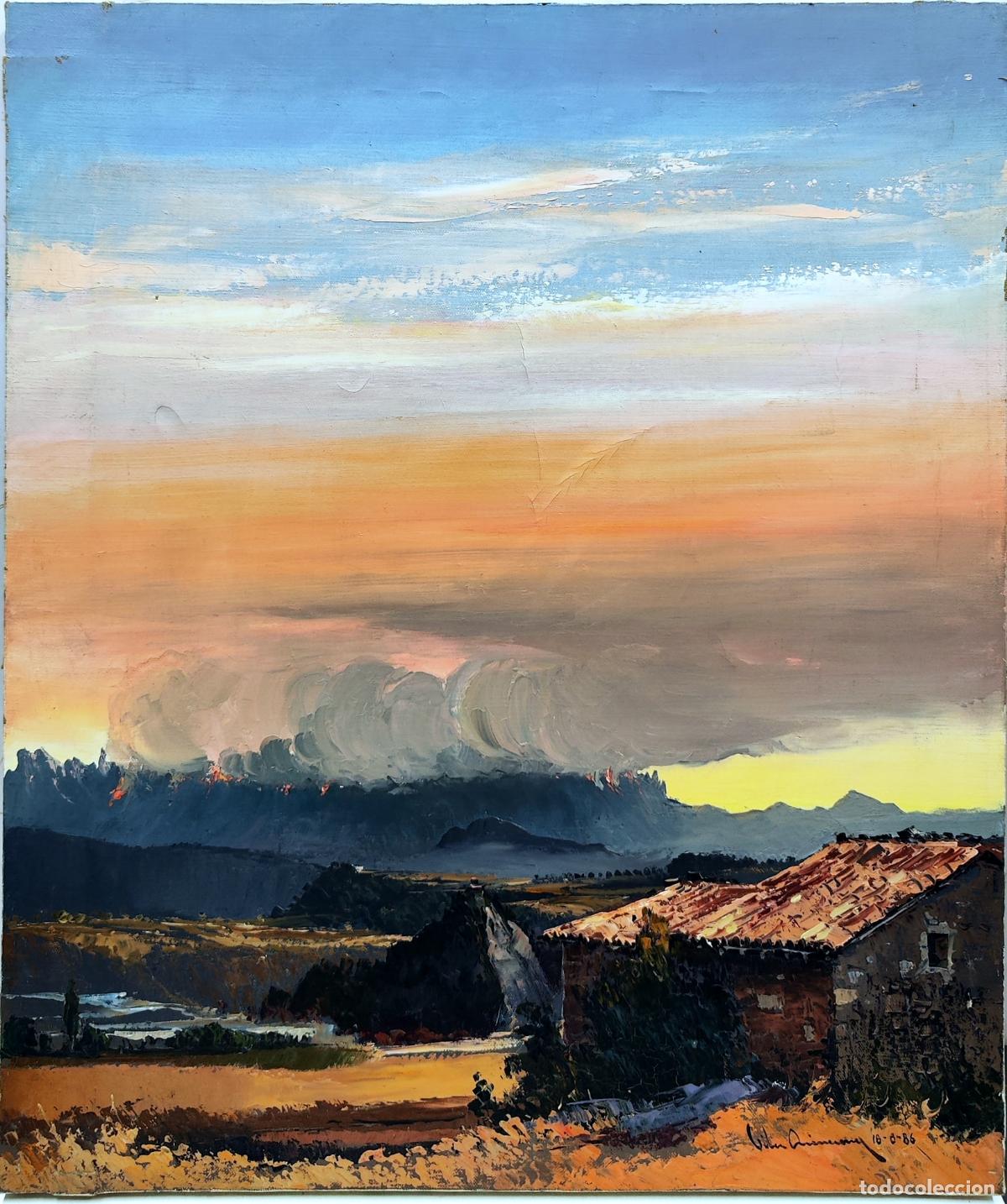 Arte: &Oacute;leo de Joan Vila Arimany. Paisaje rural y atardecer. 46 x 55 cm