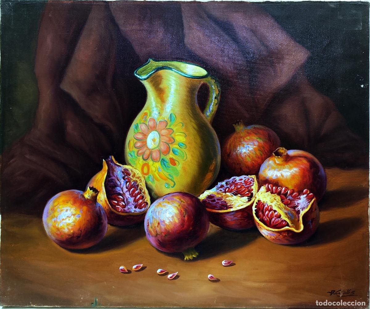 Arte: &Oacute;leo de Anselmo Ceballos. Naturaleza muerta con granadas y jarra. 55x46 cm
