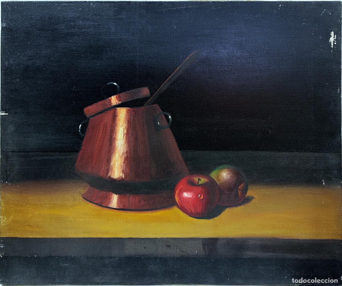 Arte: &Oacute;leo sobre lienzo. Naturaleza muerta con cacerola y manzanas. Soler. 55x46
