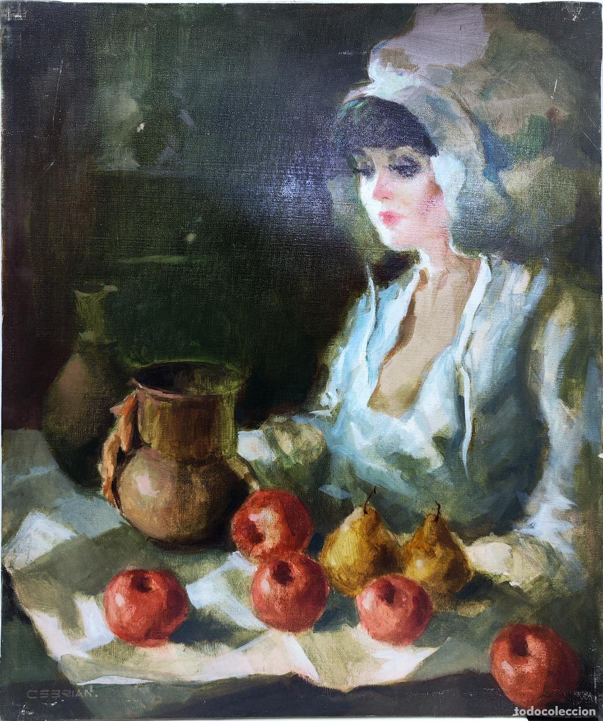 Kunst: &Oacute;leo de Juan Ram&oacute;n Cebrian. Mujer y bodeg&oacute;n. 46x55 cm