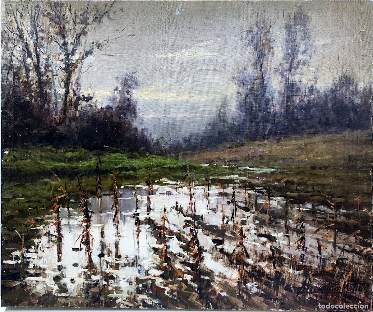 Kunst: &Oacute;leo de Alexandre Matas. Paisaje de charca y &aacute;rboles. 55x46 cm