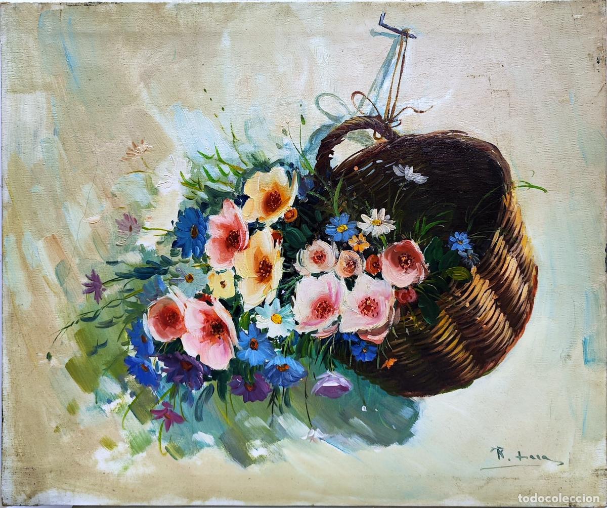 Arte: &Oacute;leo de Rafael Lara. Cesta de flores sobre lienzo. 55 x 46 cm
