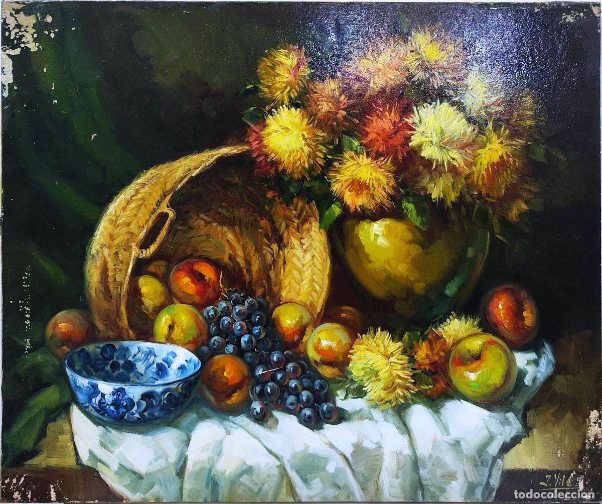 Arte: &Oacute;leo de J Vila. Naturaleza muerta con flores y frutas. 55 x 46 cm