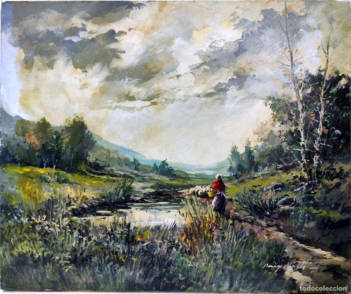 Arte: &Oacute;leo de Antoni Puig Mart&iacute;. Paisaje con pastor y reba&ntilde;o. 55x46 cm