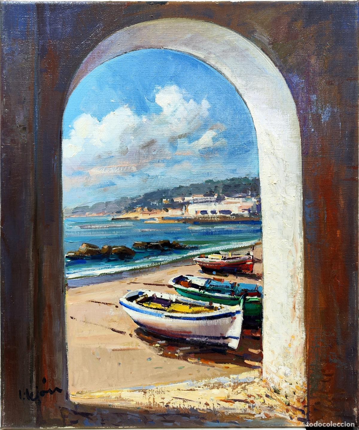 Arte: &Oacute;leo de Ignacio Tejon. Paisaje mar&iacute;timo con embarcaciones. 46x55 cm