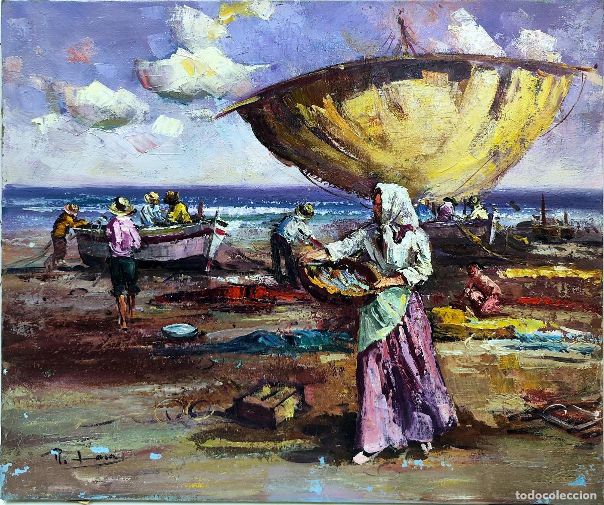 Arte: &Oacute;leo de Rafael Lara. Escena de playa con barcos. 55 x 46 cm