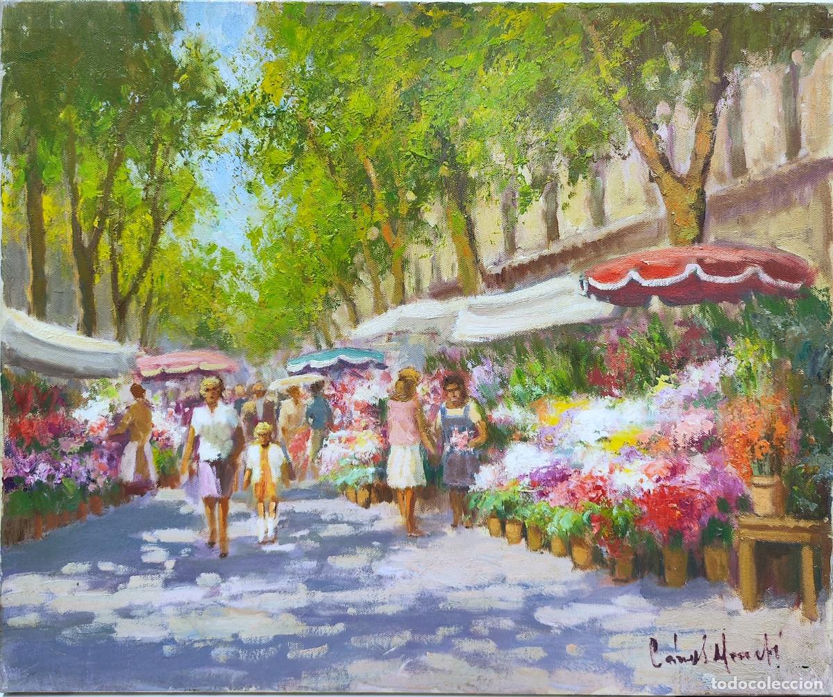 Arte: &Oacute;leo de Francesc Carbonell Massab&eacute;. Mercado de flores. 55x46 cm