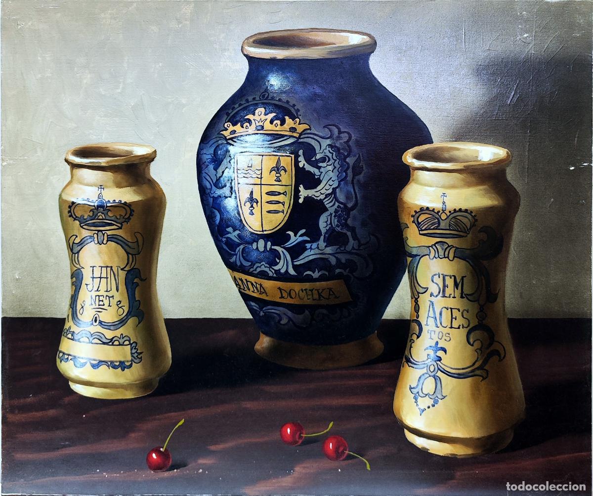 Arte: &Oacute;leo de Biasso. Bodeg&oacute;n con jarrones de Delft y cerezas. 55 x 46 cm