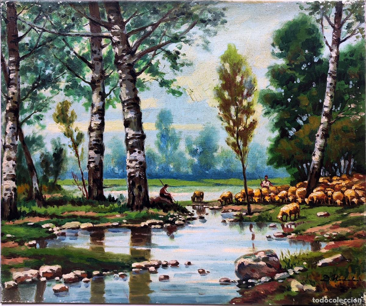 Arte: &Oacute;leo de Dionisio Nadal. Paisaje pastoril con abedules y ganado. 55x46 cm