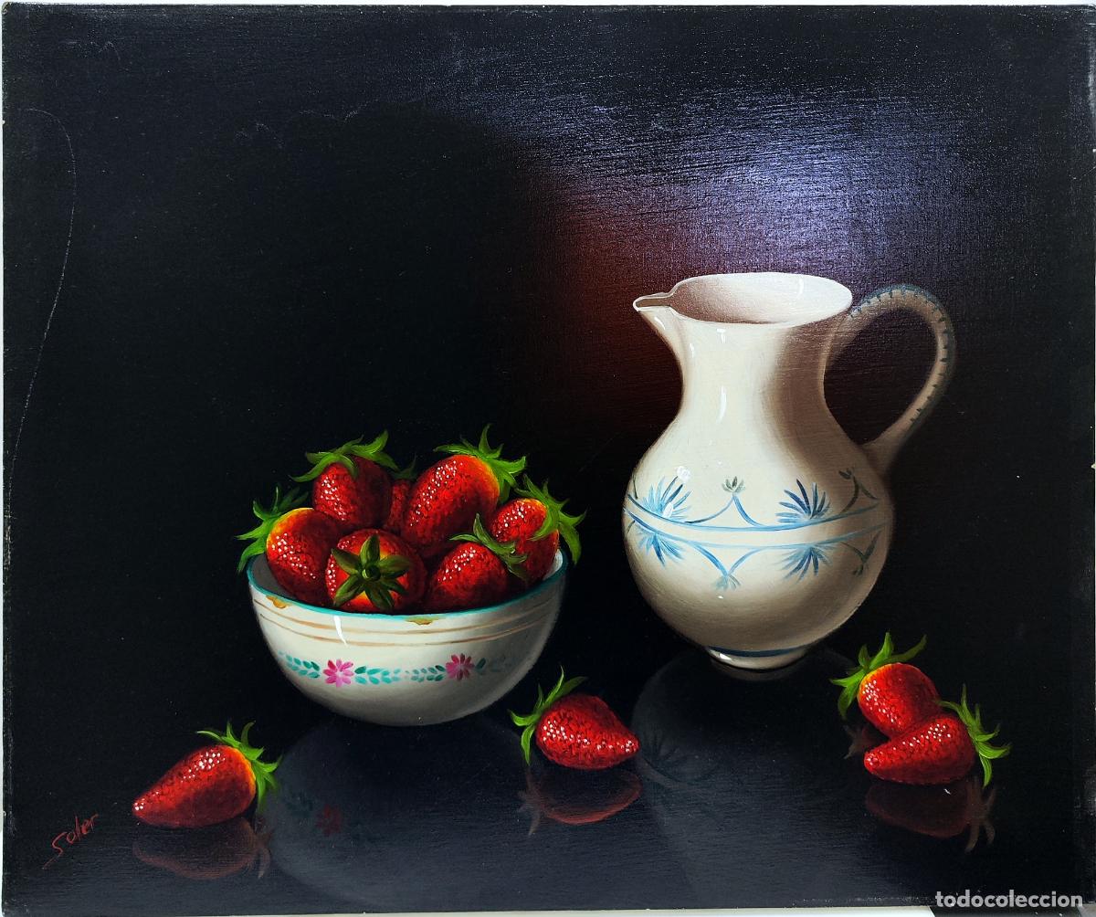 Arte: &Oacute;leo de Soler. Bodeg&oacute;n con fresas y jarra de cer&aacute;mica. 55x46 cm