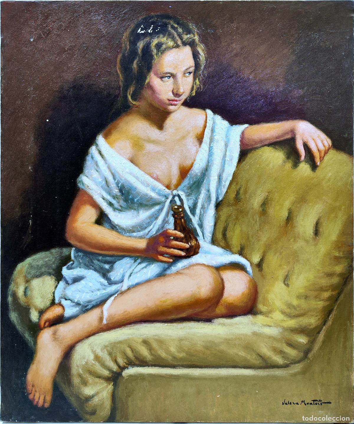 Arte: &Oacute;leo de Juan Valera Montero. Retrato de mujer con botella. 46 x 55 cm
