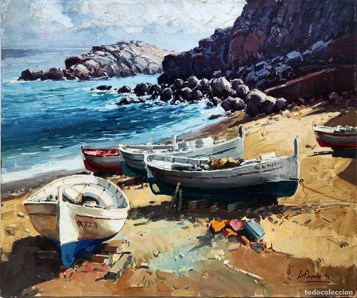 Arte: &Oacute;leo de Agust&iacute;n Pardo. Barcos en la playa. 55 x 46 cm