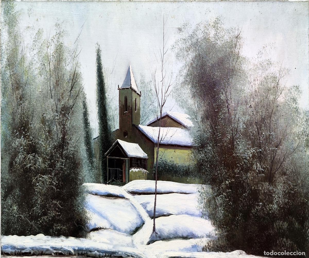 Arte: &Oacute;leo sobre lienzo. Paisaje invernal con ermita. Obra de D&iacute;az de Cereo. 55x46 cm