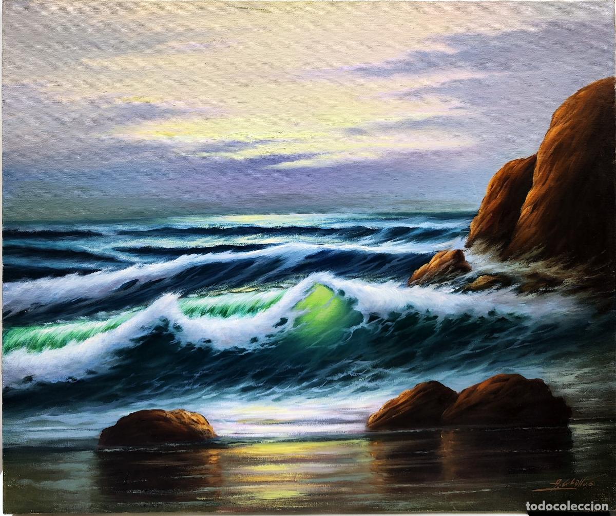Arte: &Oacute;leo de Anselmo Ceballos. Mar agitado y rocas. 55 x 46 cm