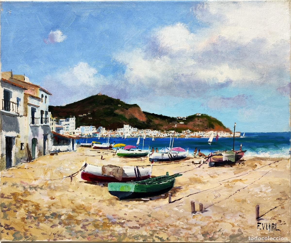 Arte: &Oacute;leo de Francisco Vidal. Paisaje mar&iacute;timo con barcas. 55x46 cm