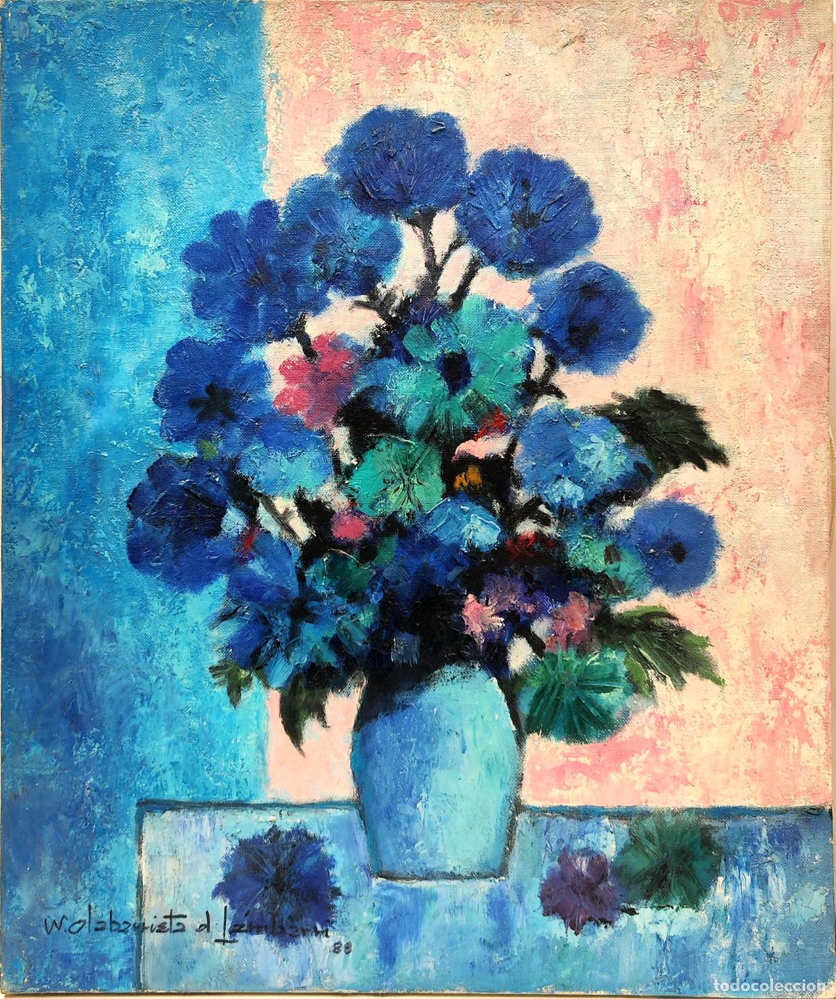 Arte: &Oacute;leo sobre lienzo. Flores en jarr&oacute;n. W. Olabarrieta. 46 x 55 cm