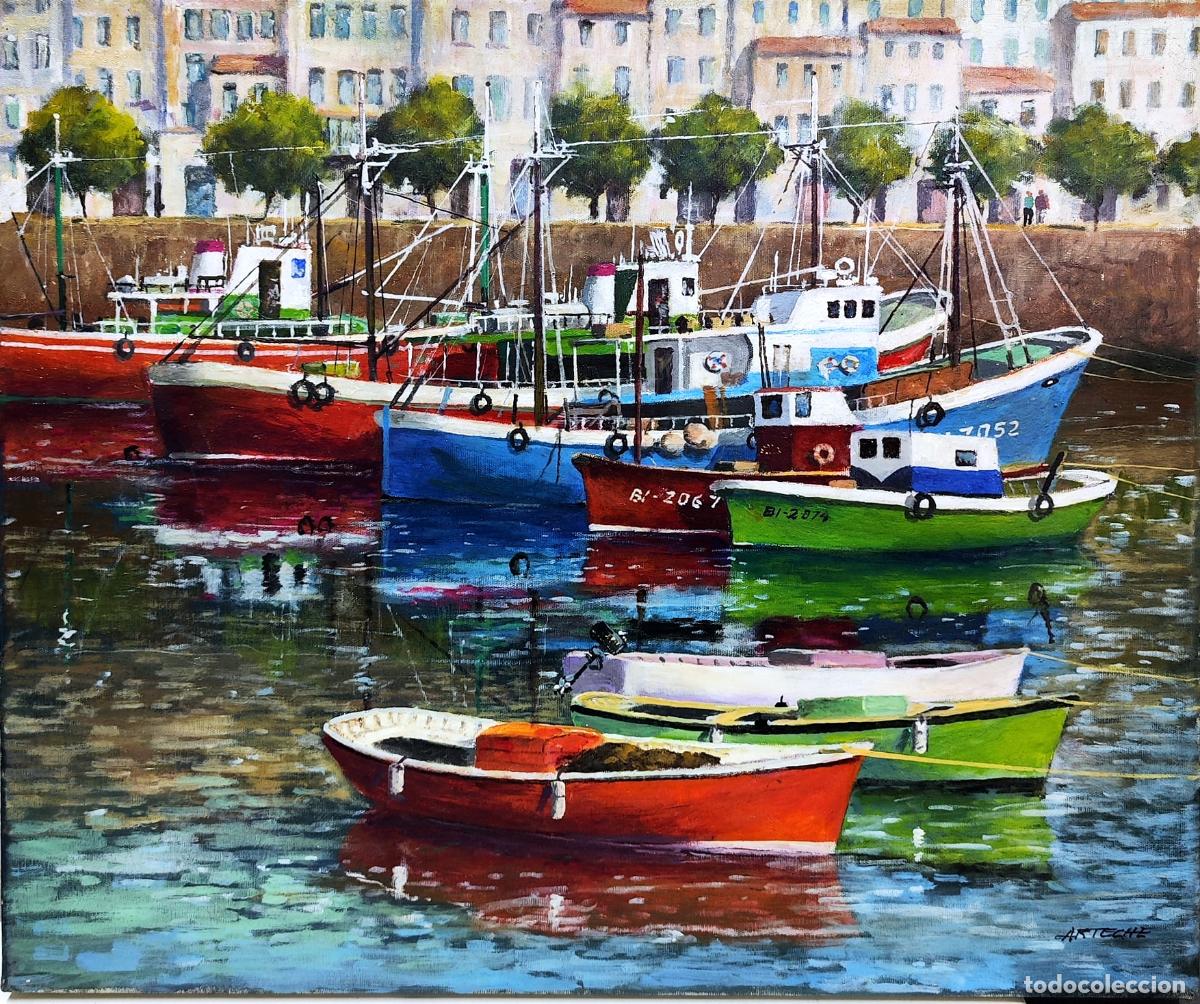 Art: &Oacute;leo de Arteche. Barcos en puerto. 55 x 46 cm