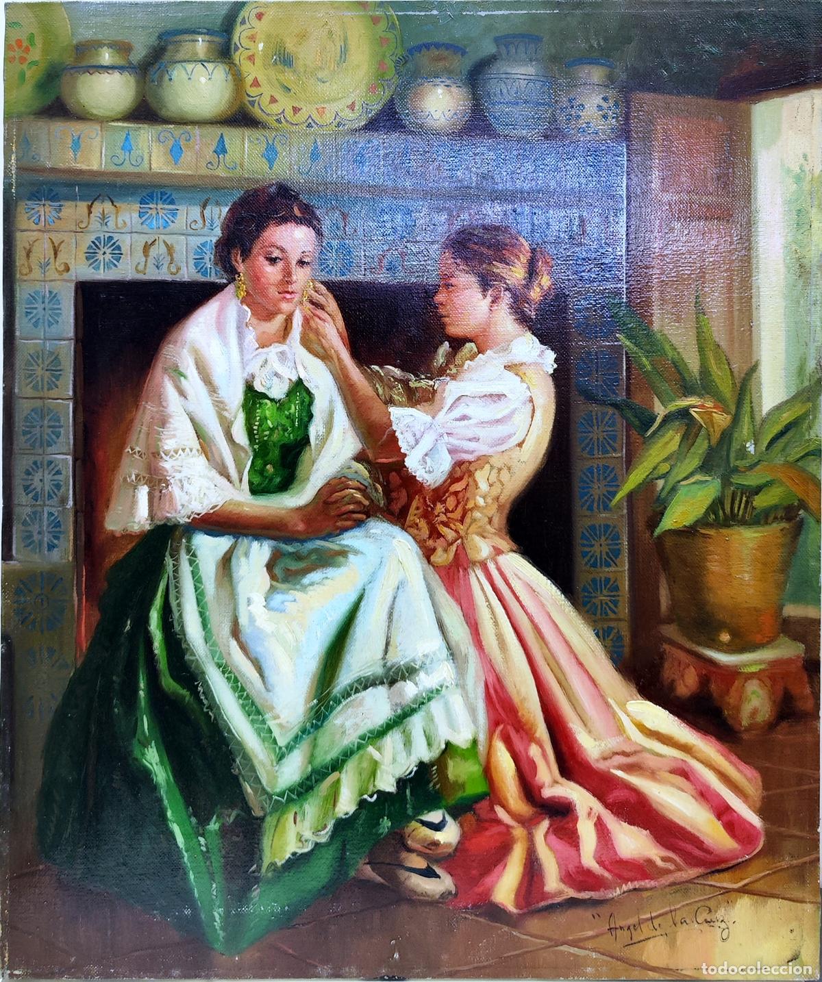 Art: &Oacute;leo de &Aacute;ngel de la Cruz. Dos mujeres en traje regional. 46 x 55 cm