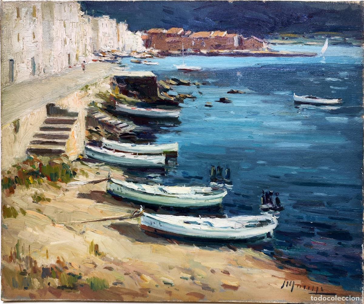 Art: &Oacute;leo de Jaume Marin&eacute;. Paisaje mar&iacute;timo con embarcaciones. 55x46 cm