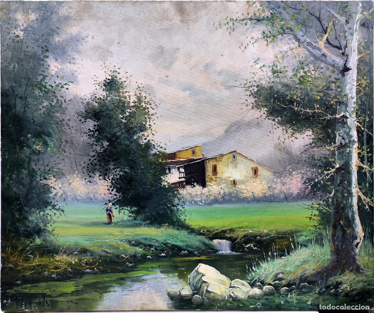 Art: &Oacute;leo sobre lienzo. Paisaje campestre con caser&iacute;o. Firma ilegible. 55 x 46 cm