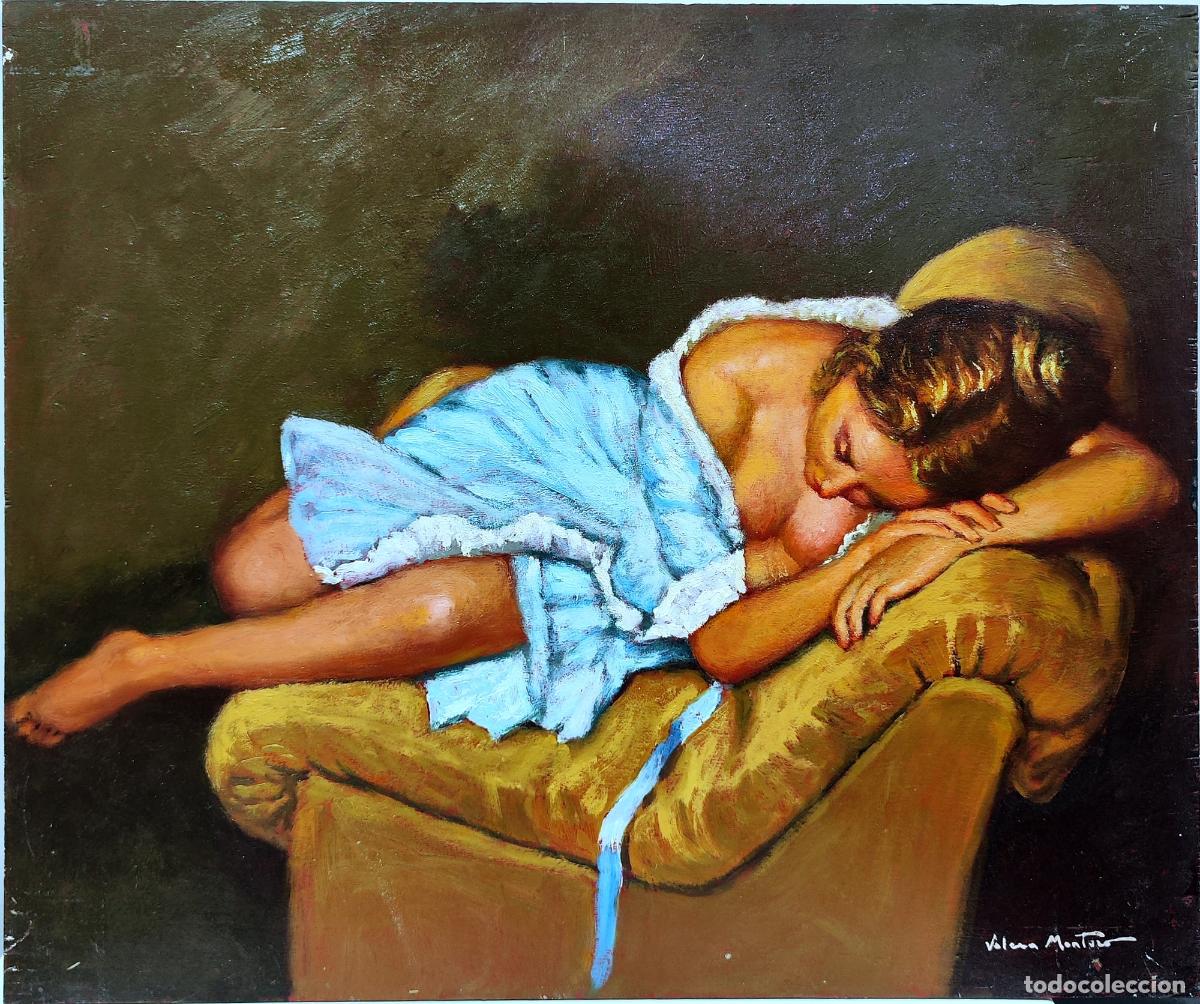 Art: &Oacute;leo de Juan Valera Montero. Mujer dormida en butaca. 55 x 46 cm