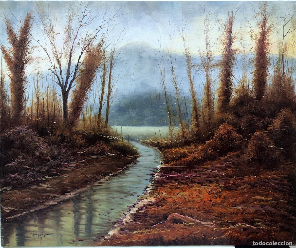 Art: &Oacute;leo sobre lienzo. Paisaje fluvial. D&iacute;az de Cereo. 55 x 46 cm