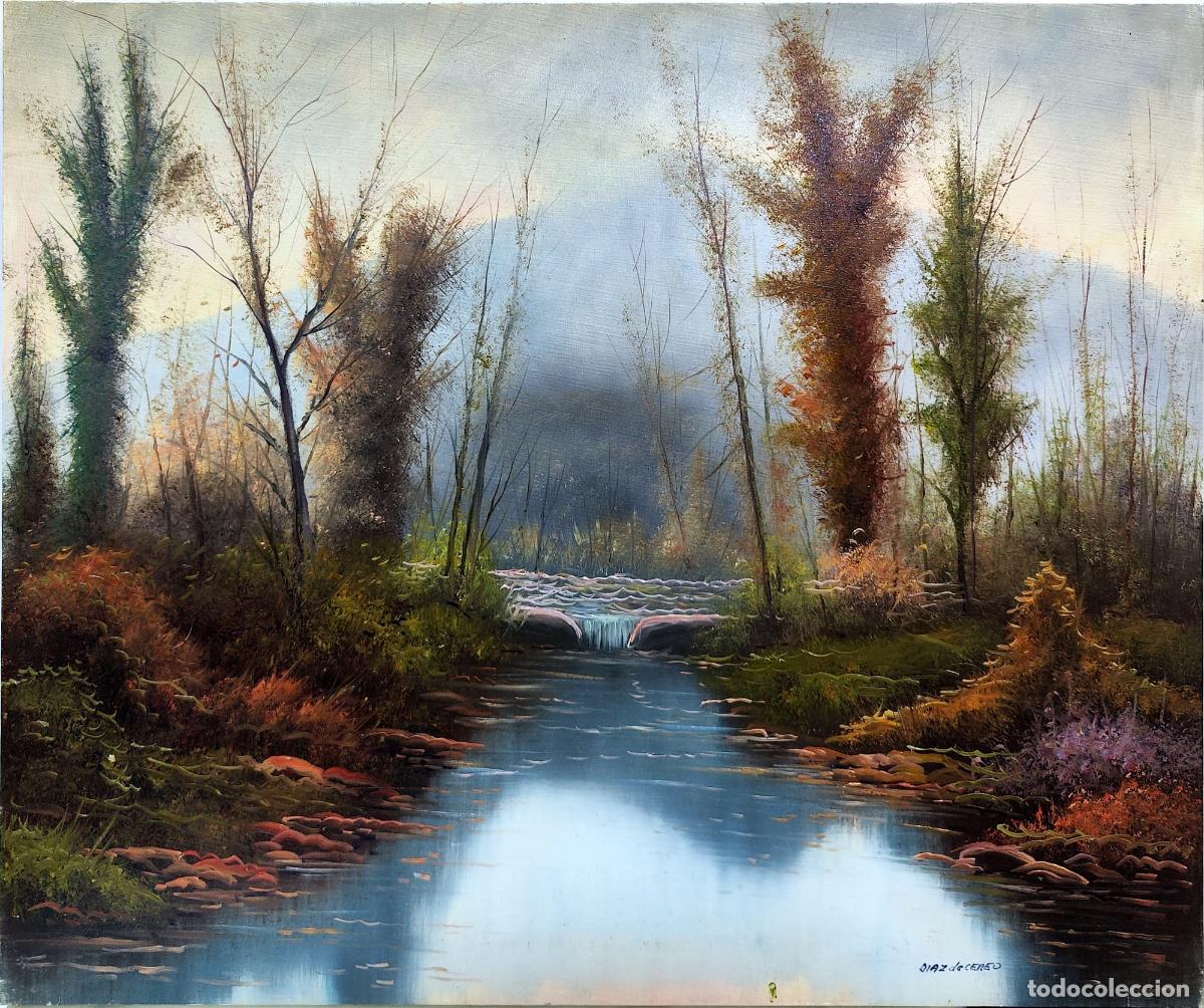 Art: &Oacute;leo de paisaje con r&iacute;o y cascada firmado D&iacute;az de Cereo