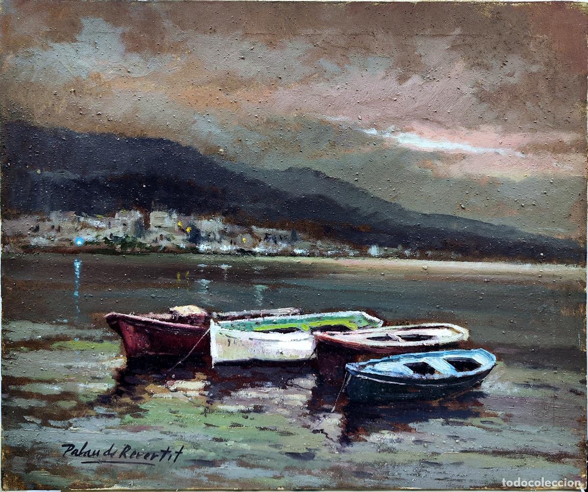 Arte: &Oacute;leo de Palau de Revertit. Paisaje mar&iacute;timo con barcas. 55 x 46 cm
