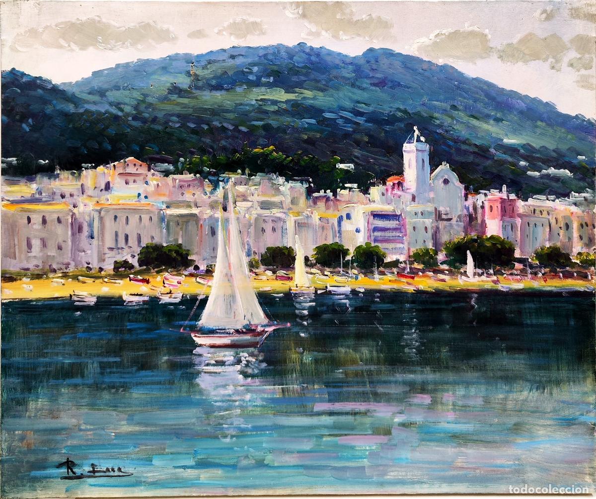 Arte: &Oacute;leo sobre lienzo. Paisaje mar&iacute;timo. Rafael Lara. 55 x 46 cm