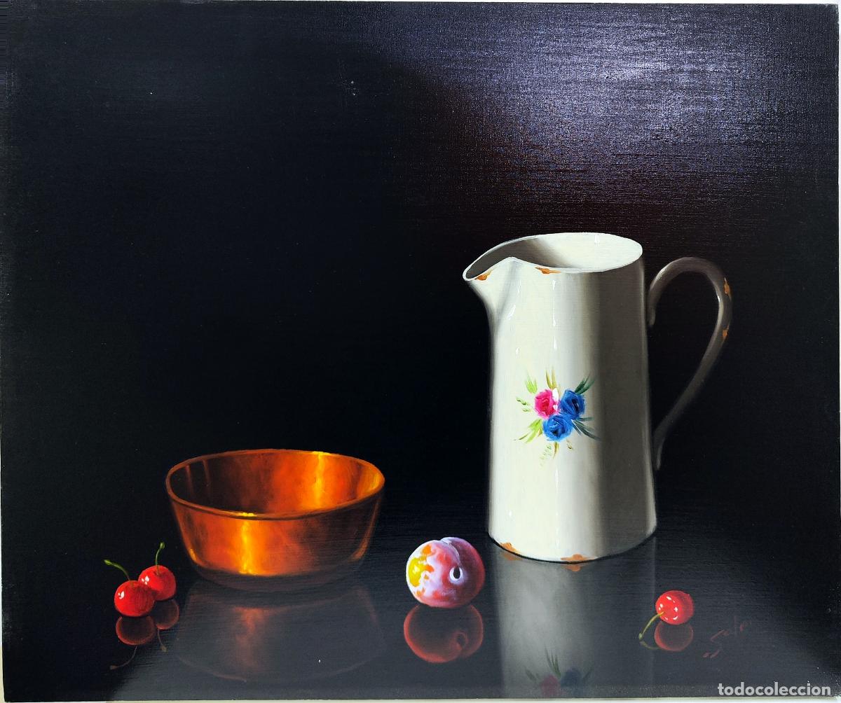 Arte: &Oacute;leo. Bodeg&oacute;n con jarra y cerezas. Autor Soler. 55 x 46 cm