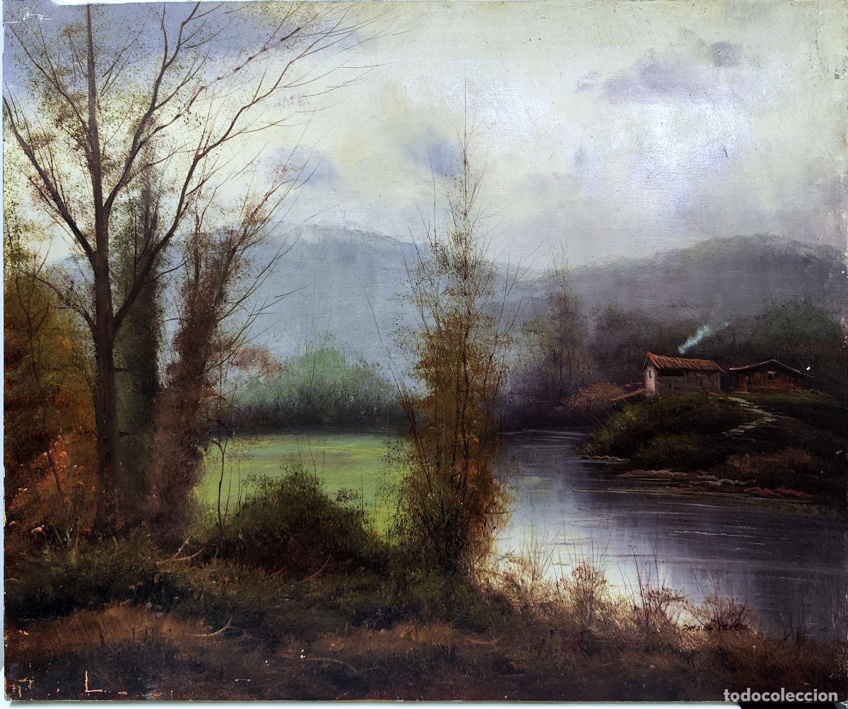 Arte: &Oacute;leo sobre lienzo. Paisaje fluvial. D&iacute;az de Cereo. 55 x 46 cm