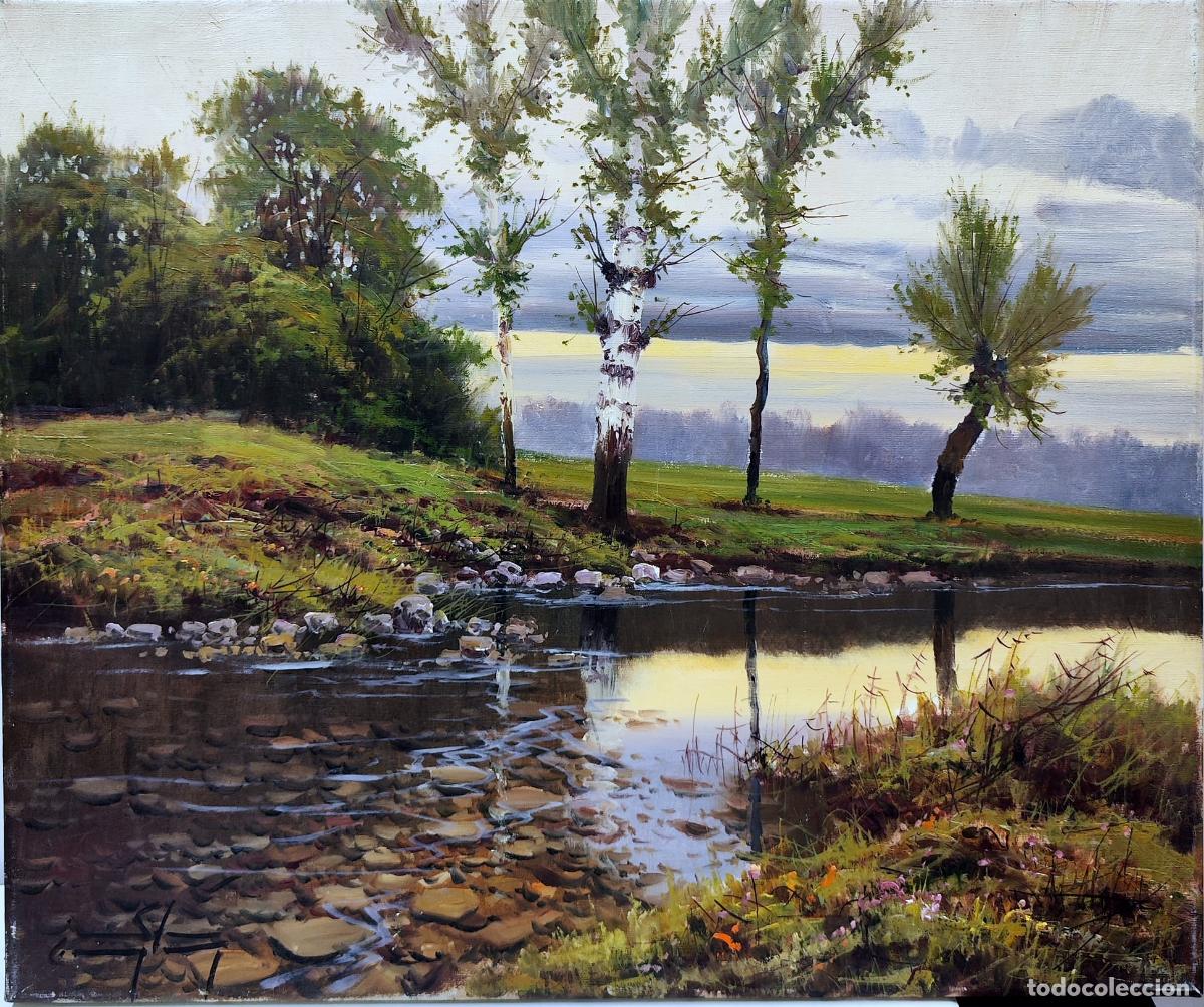 Arte: &Oacute;leo sobre lienzo. Paisaje fluvial. Ricardo Soler Gonz&aacute;lez. 55x46 cm