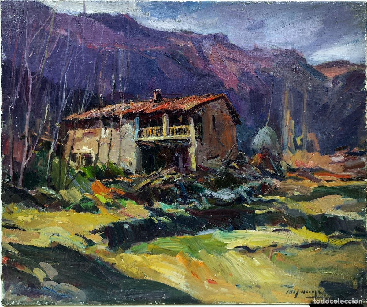 Arte: &Oacute;leo sobre tabla. Paisaje rural. Firmado Jaume Marin&eacute;. 55x46 cm