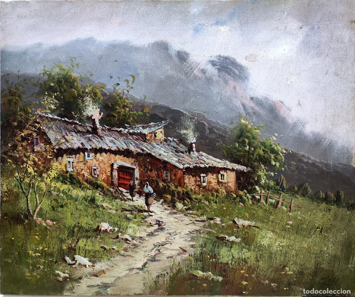 Arte: &Oacute;leo sobre lienzo. Paisaje rural con caser&iacute;o. Firma ilegible. 55x46 cm