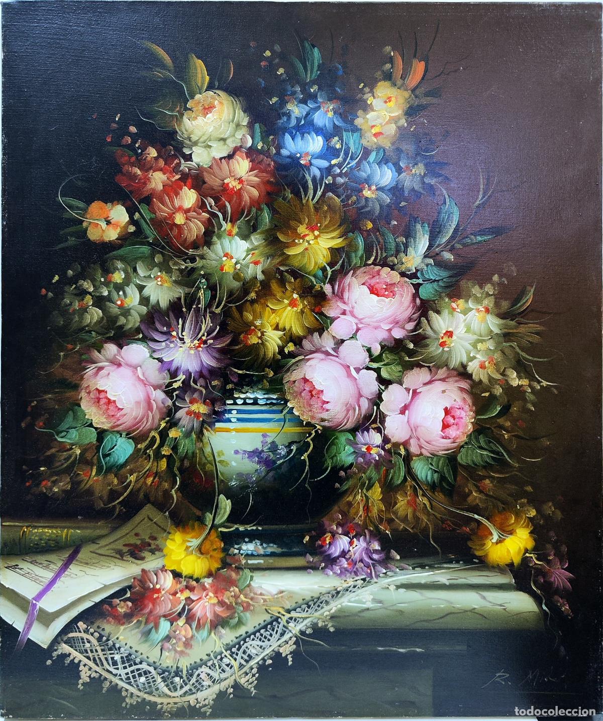 Arte: &Oacute;leo de R Michael. Naturaleza muerta de flores y libro. 46 x 55 cm