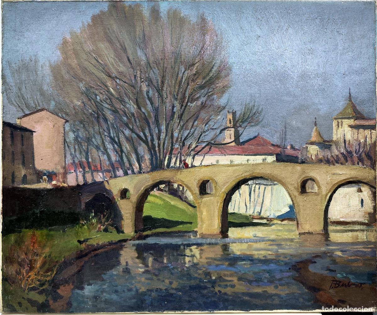 Arte: &Oacute;leo de Francisco Bueno. Paisaje con puente y r&iacute;o. 55x46 cm