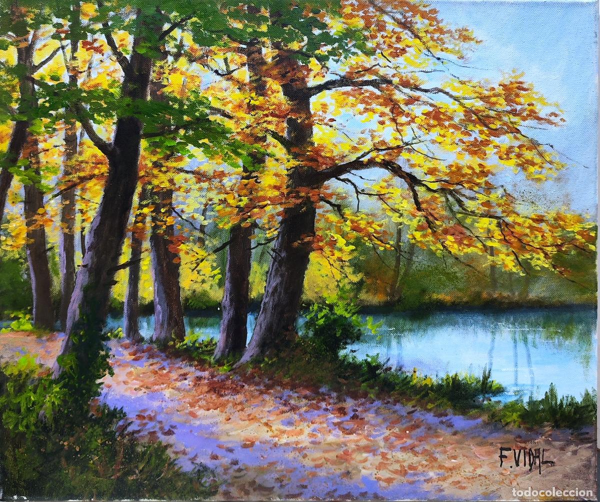 Arte: &Oacute;leo de Francisco Vidal. Paisaje oto&ntilde;al junto al r&iacute;o. 55x46 cm