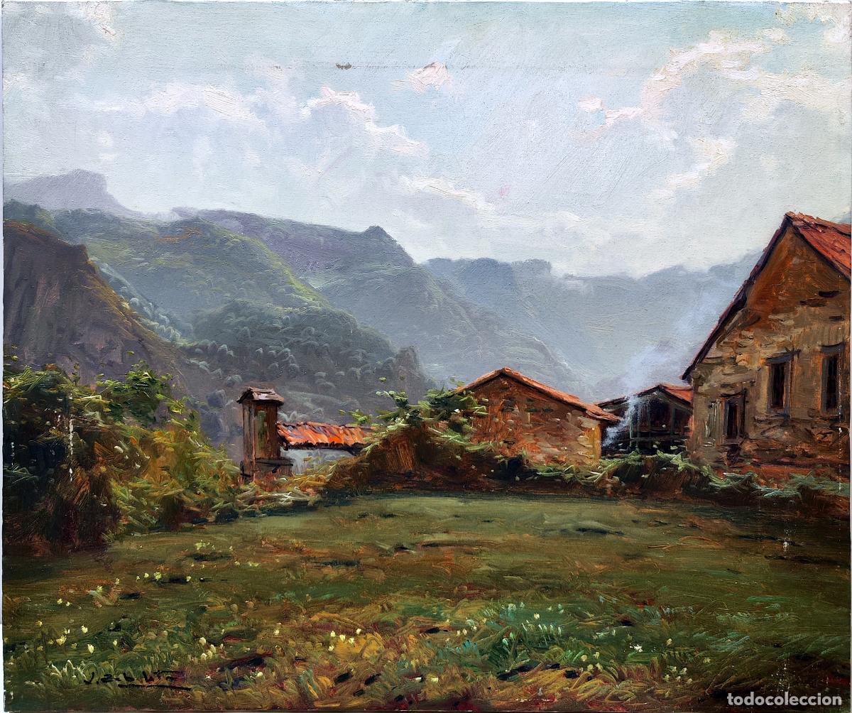 Arte: &Oacute;leo de L Zabaleta. Paisaje rural con caser&iacute;o y monta&ntilde;as. 55x46 cm