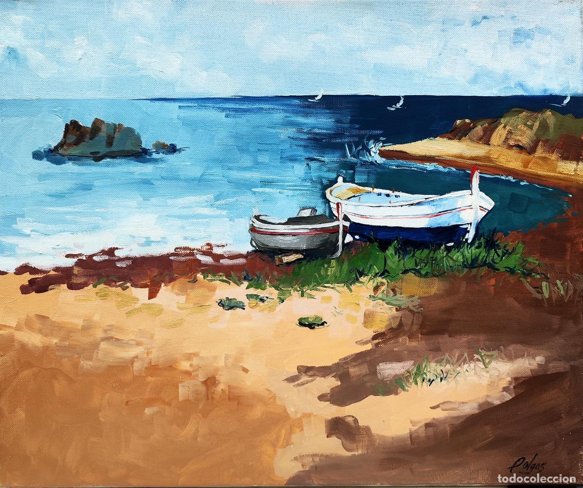 Arte: &Oacute;leo de Polgas. Paisaje marino con embarcaciones. 55x46 cm