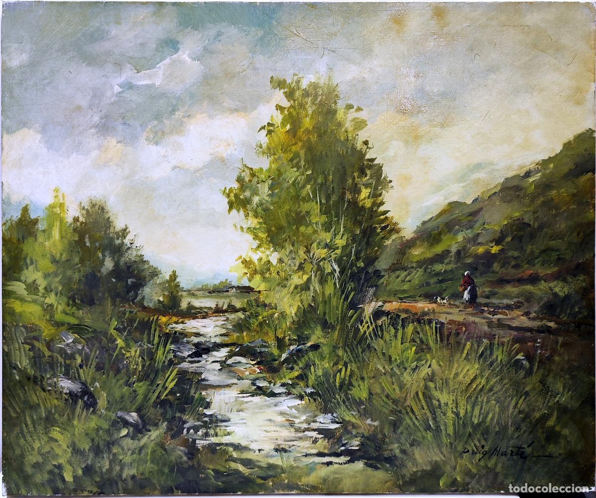 Arte: &Oacute;leo de Antoni Puig Mart&iacute;. Paisaje con r&iacute;o y figura. 55x46 cm