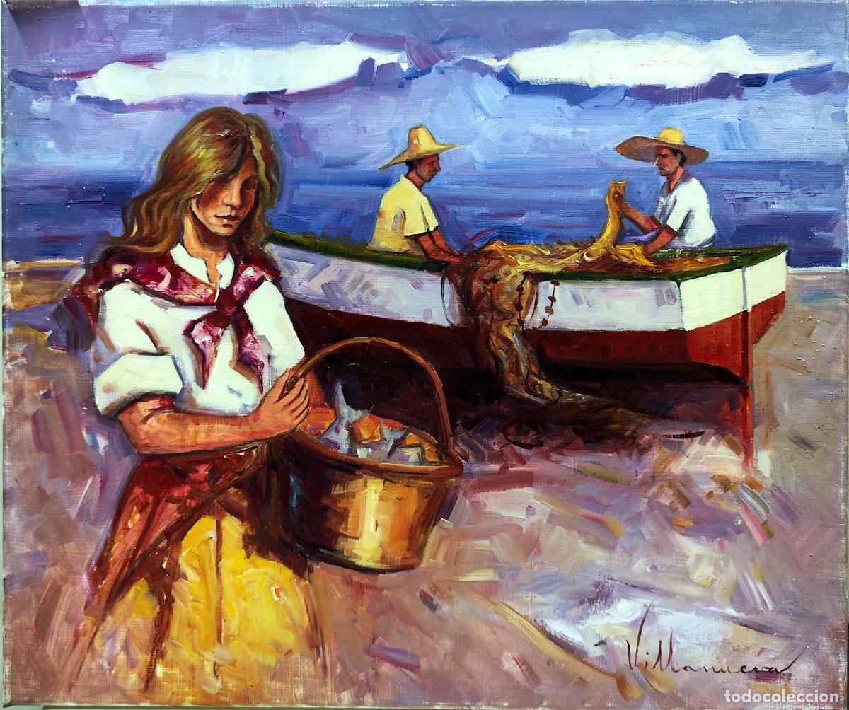 Arte: &Oacute;leo de Villanueva. Pescadores y mujer con cesta. 55 x 46 cm