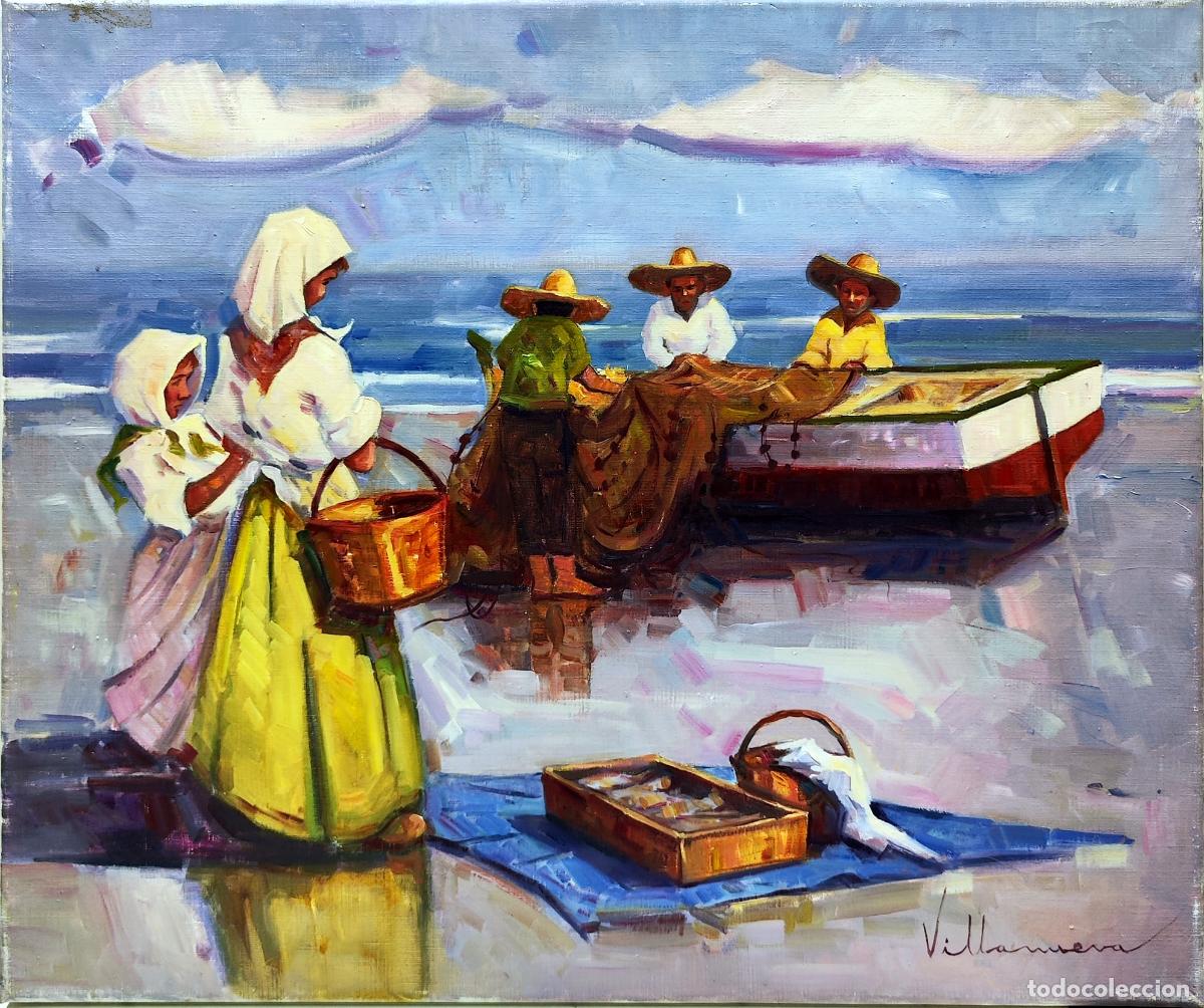 Arte: &Oacute;leo de Villanueva. Pescadores y mujeres en la playa. 55x46 cm