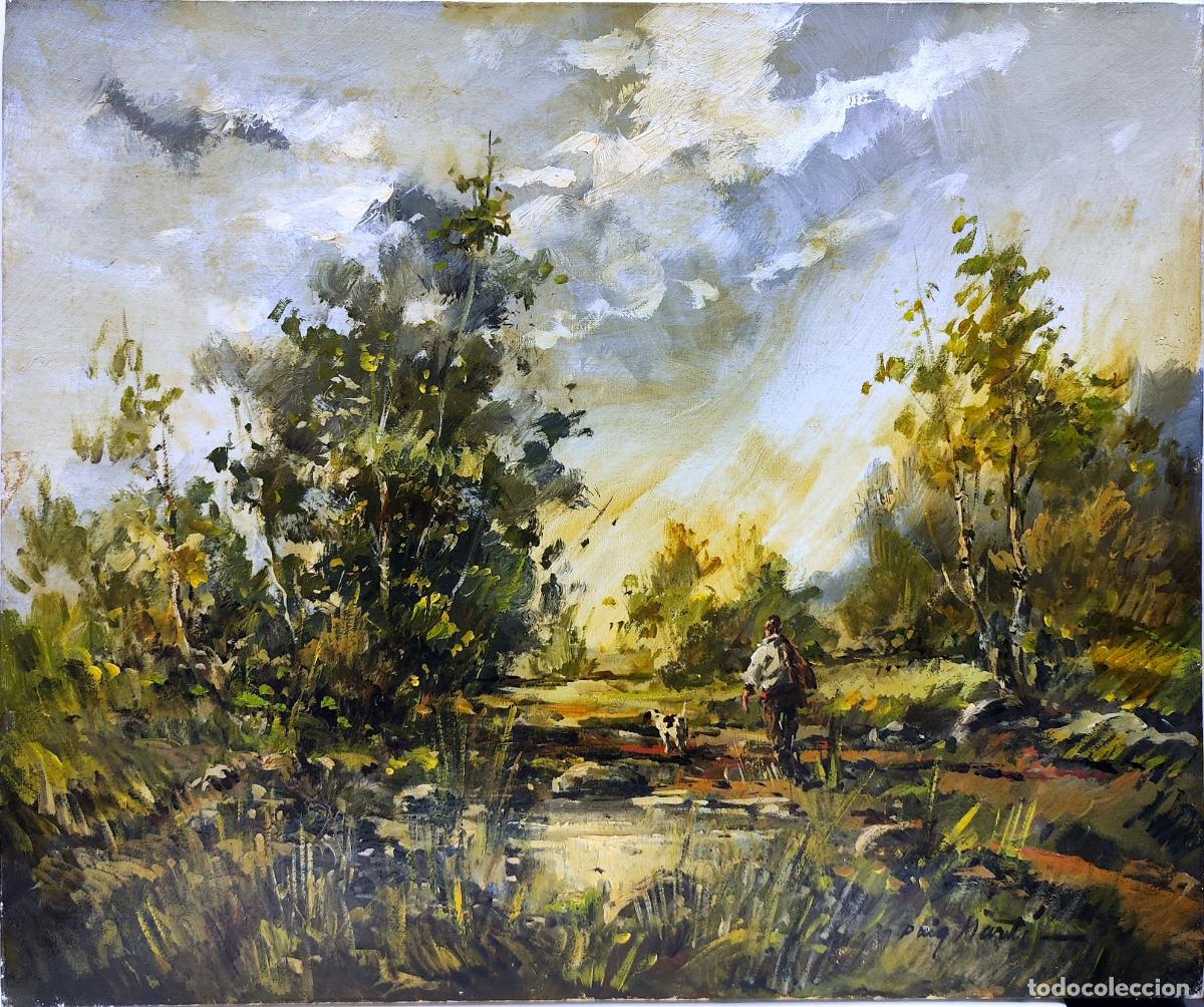 Arte: &Oacute;leo de Antoni Puig Mart&iacute;. Paisaje campestre con figura. 55x46 cm