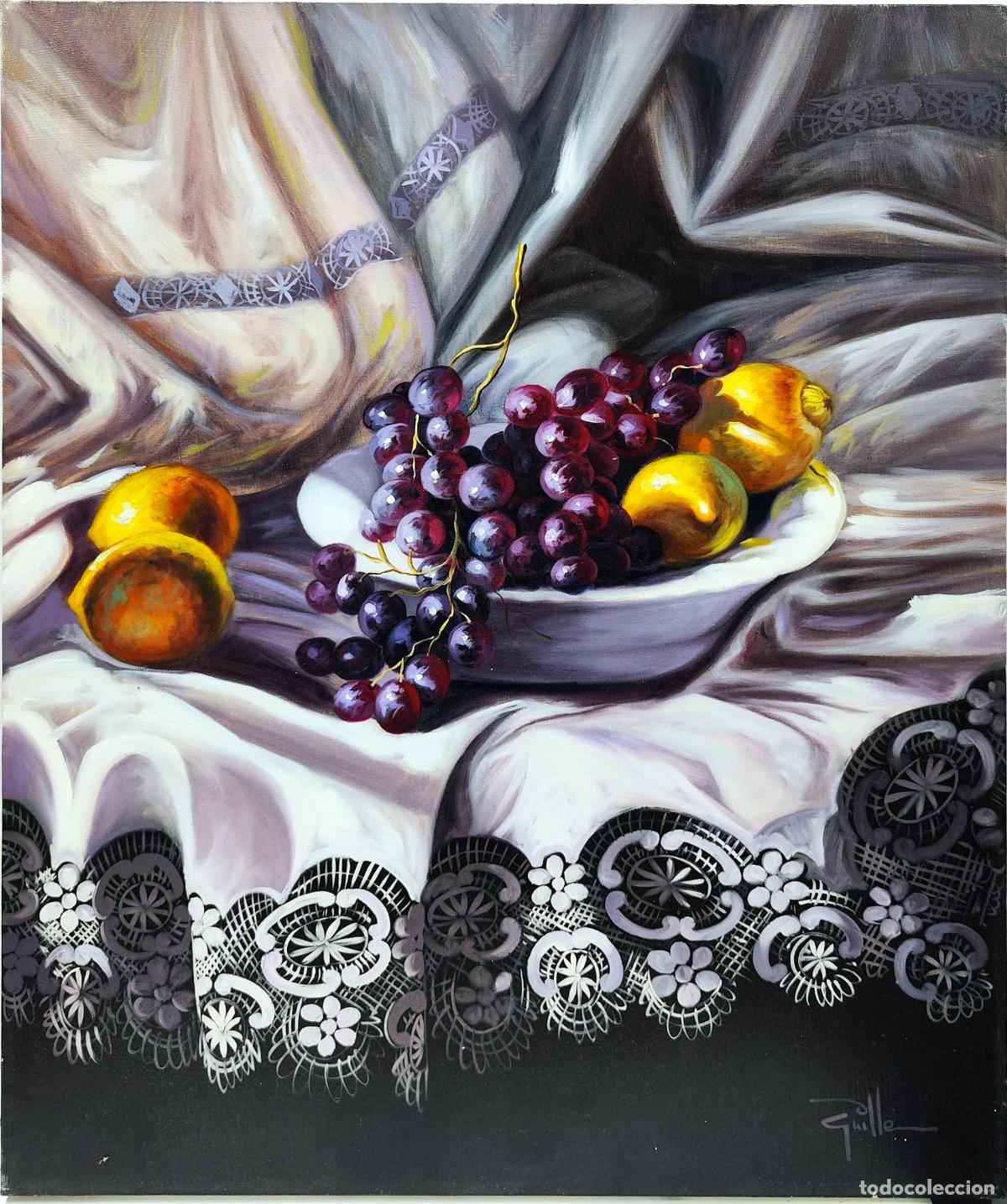 Arte: &Oacute;leo. Naturaleza muerta con frutas y encaje. Guille. 46 x 55 cm