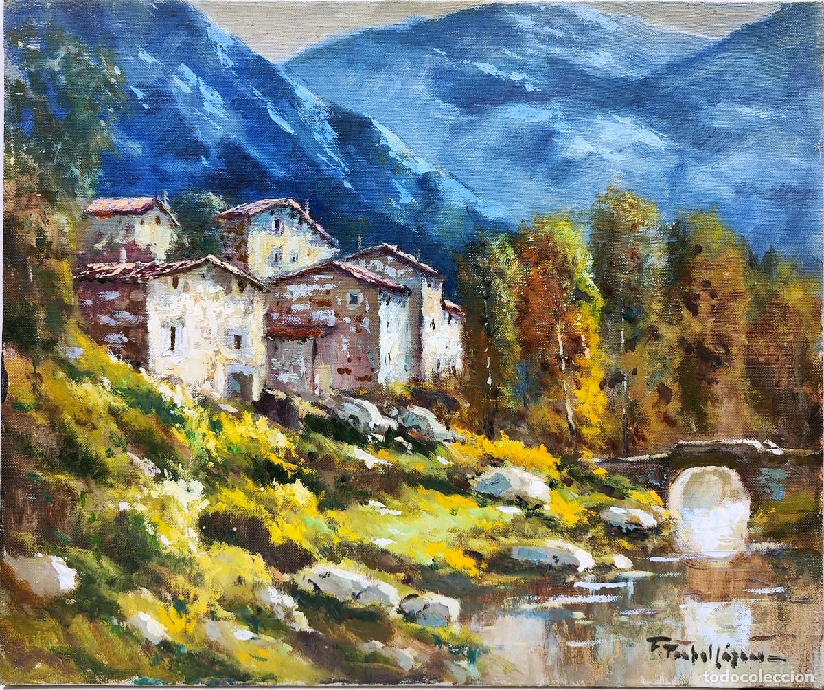 Arte: &Oacute;leo de F. Traballazam. Paisaje de monta&ntilde;a y r&iacute;o. 55 x 46 cm