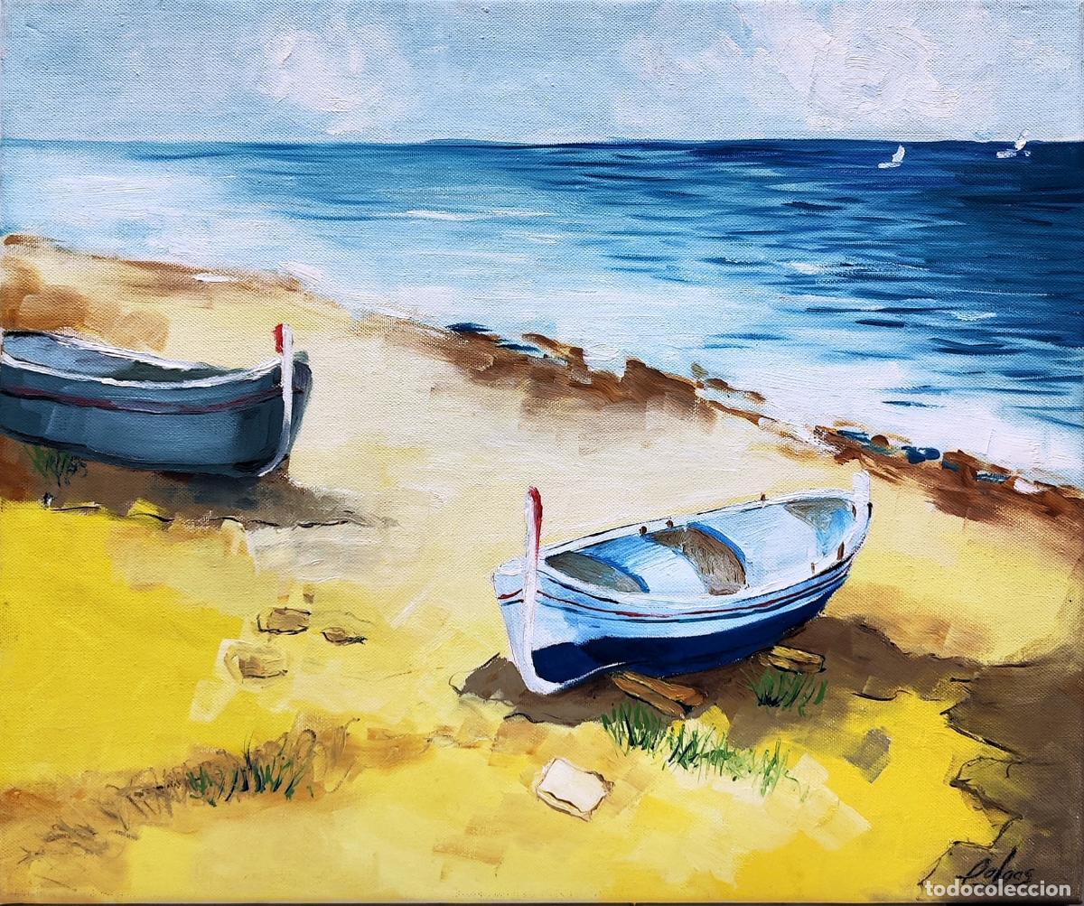 Arte: &Oacute;leo de Polgas. Barcos en la playa. 55 x 46 cm