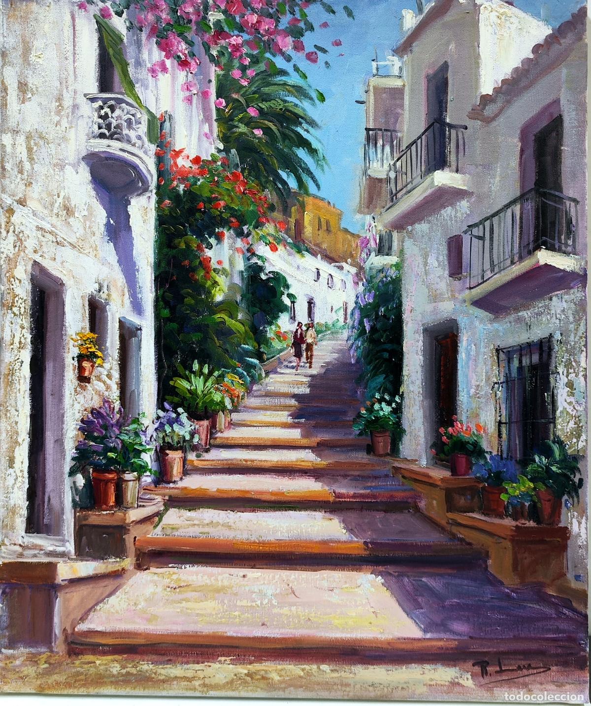Arte: &Oacute;leo de Rafael Lara. Callej&oacute;n blanco con escaleras y flores. 46 x 55 cm
