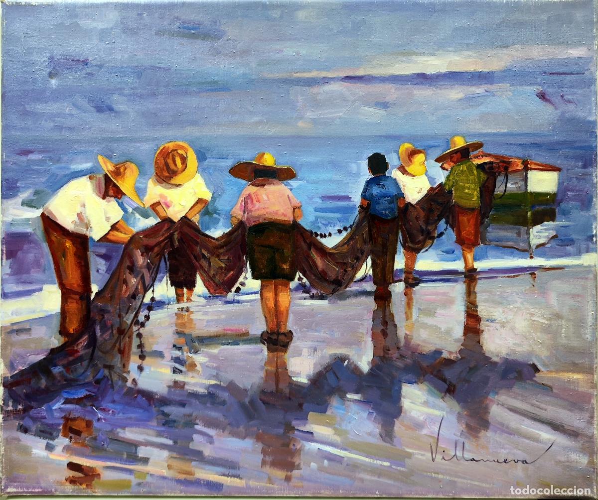 Arte: &Oacute;leo sobre lienzo. Pescadores en la playa. Villanueva. 55x46 cm
