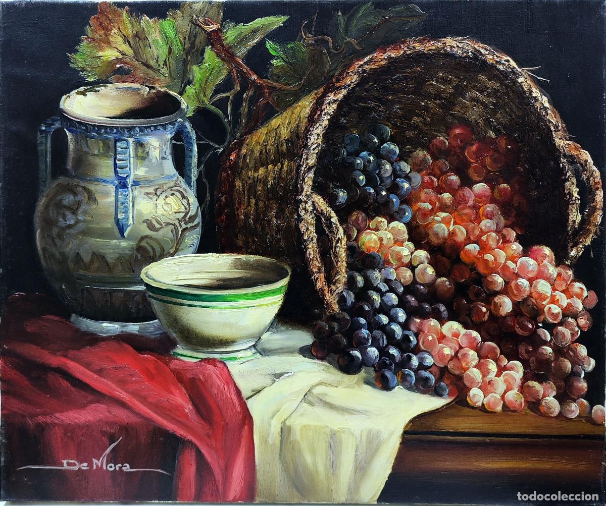 Arte: &Oacute;leo de Joaquim Sabater de Mora. Bodeg&oacute;n con uvas y jarra. 55x46 cm
